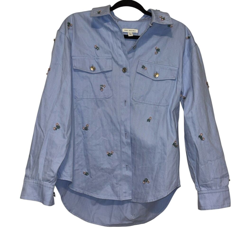 Women's Blue Embroidered Button Up Shirt Small Floral Long Sleeve Cotton Blouse